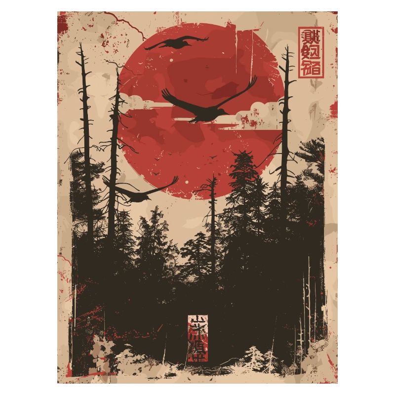 Red Sun Forest Ukiyo-e Forest Landscape