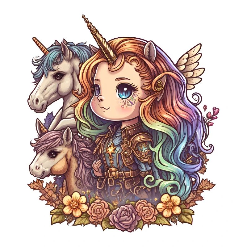 00258 Mädchen mit Regenbogenhaaren und Einhorn