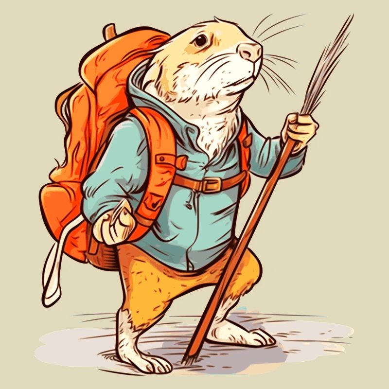 Mole rat as a hiker with stick and backpack