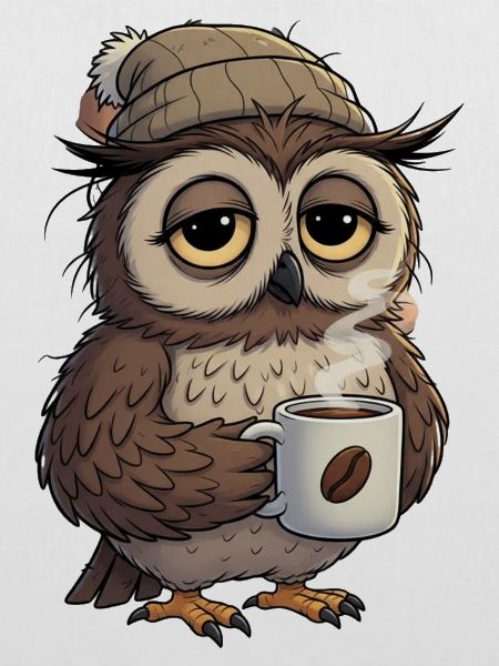 Verschlafene Eule Mit Kaffeetasse Cartoon
