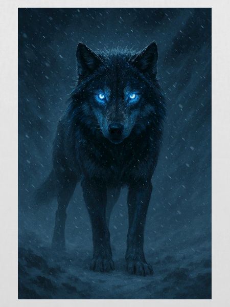 Blauäugiger Wolf in einem Schneesturm