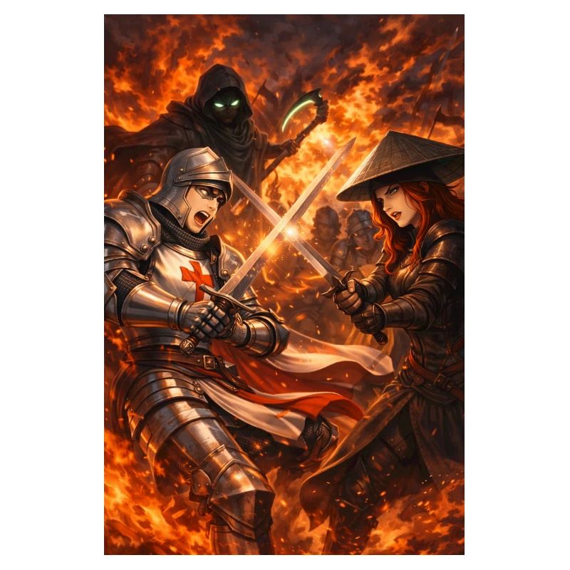 Duel de chevaliers dans la tempête de feu