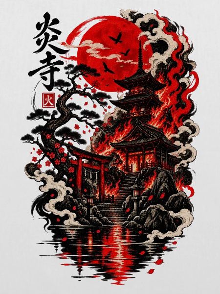 Roter Mond über Pagode im Zen-Garten