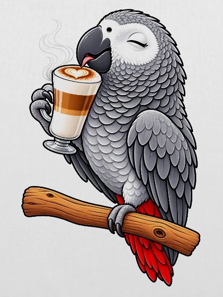 Graupapagei mit Latte Macchiato