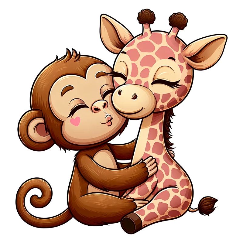 Cuddling Monkey And Giraffe In Love