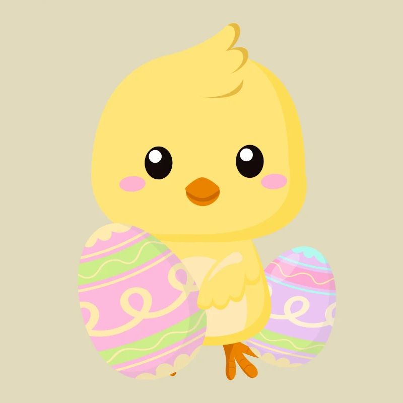 Cute little Easter chick with Easter eggs