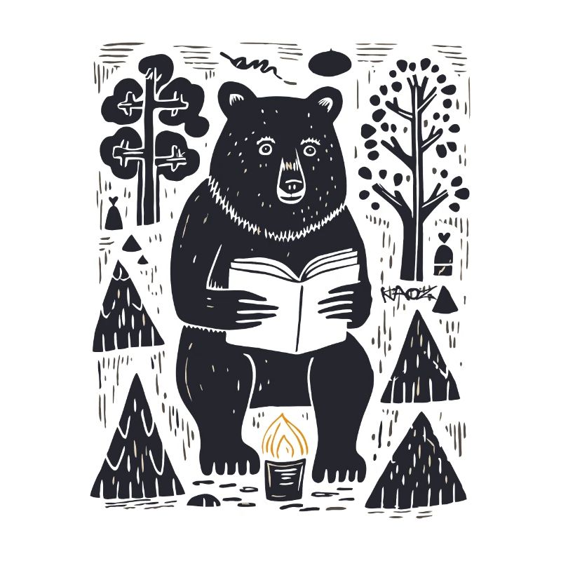Ein Bär liest ein Buch im Wald