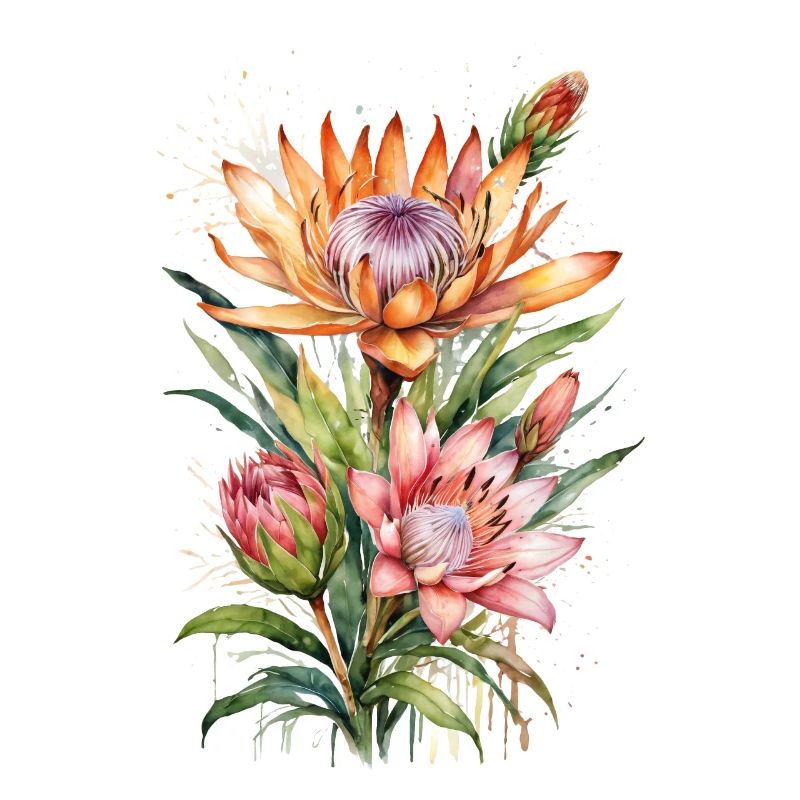 Élégance Botanique Protea Fleurs À L’aquarelle