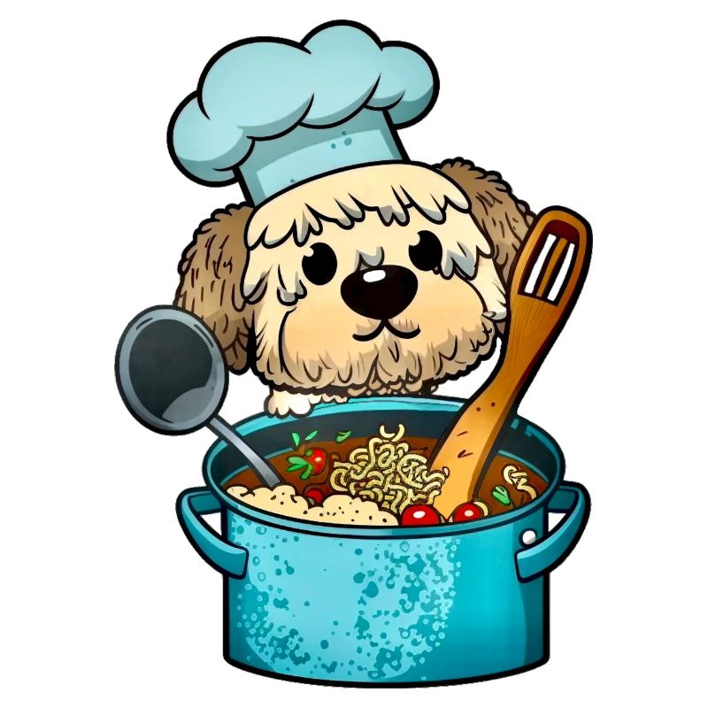 Cute dog eats spaghetti cooks pasta