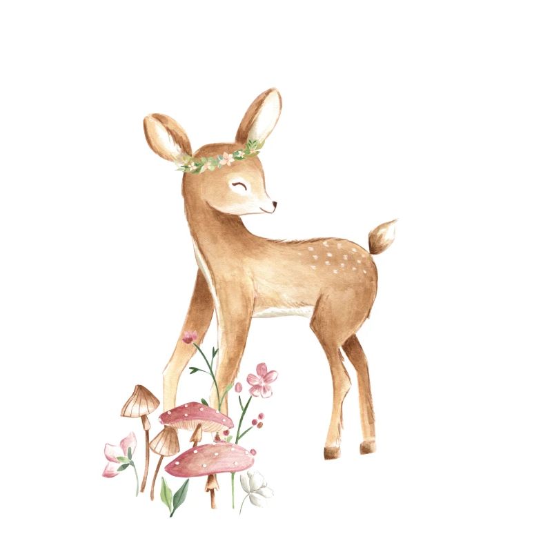 Cerf Bébé animaux de la forêt avec couronne de fleurs et champignons