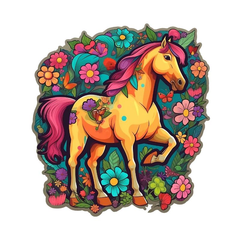 Cheval mignon dans la mer colorée de fleurs de dessin animé