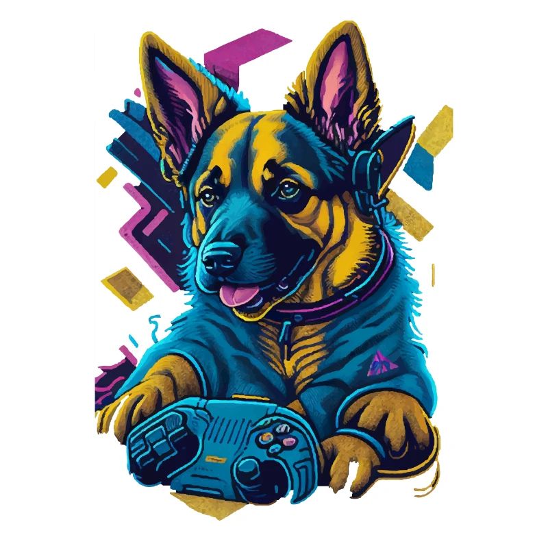 German Shepherd puppy plays with game control
