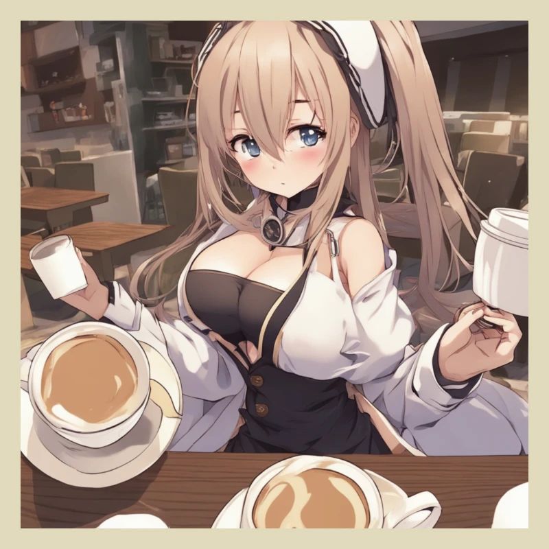 anime girl withe big boobs withe coffee