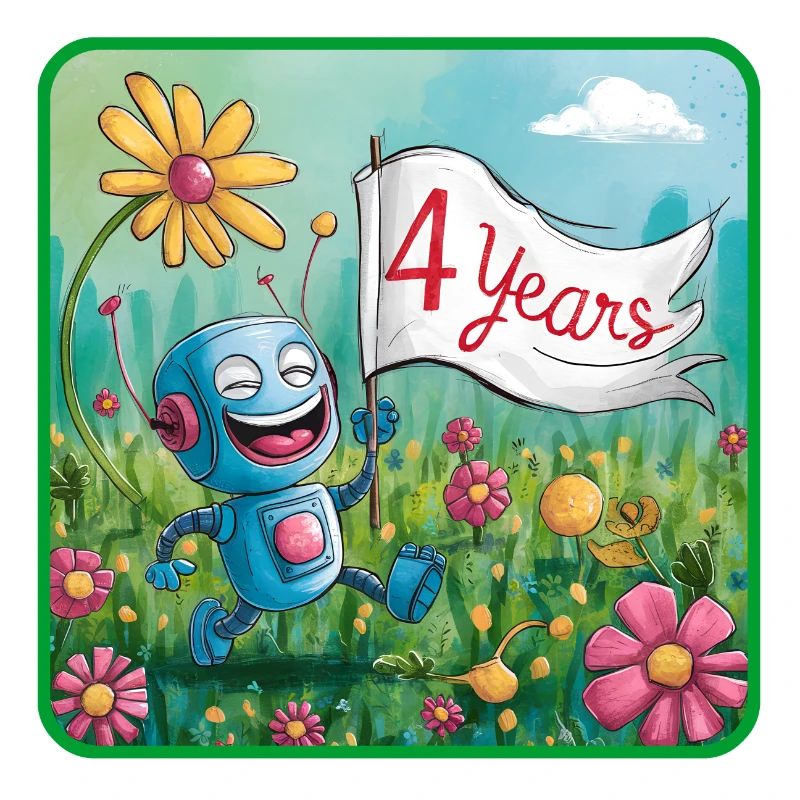 4 ans, 4e anniversaire robot sur prairie fleurie