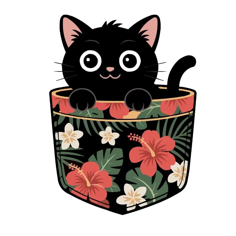 Chat noir mignon dans un design de poche tropicale