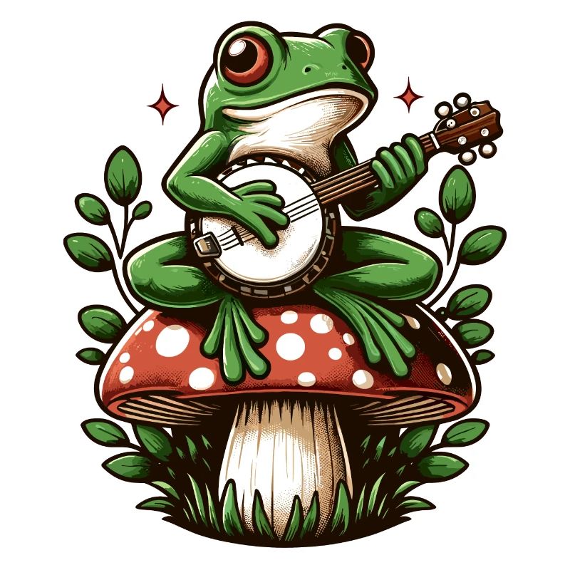 Cottagecore Frog Playing Banjo Toadstool