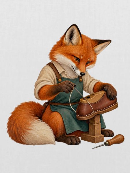 Fuchs näht eine Schuhsohle