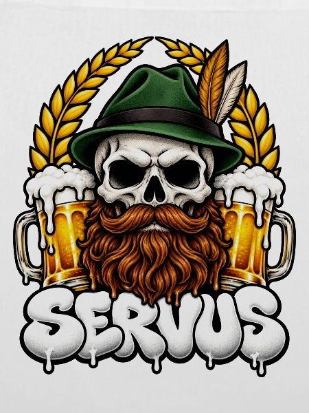 Servus Totenkopf mit Bier und Bart