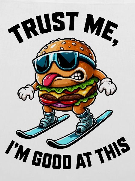 Skiurlaub mit Burger essen Comic Spruch