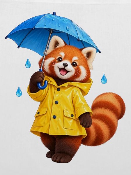 Regenmantel-Rotpanda mit Regenschirm