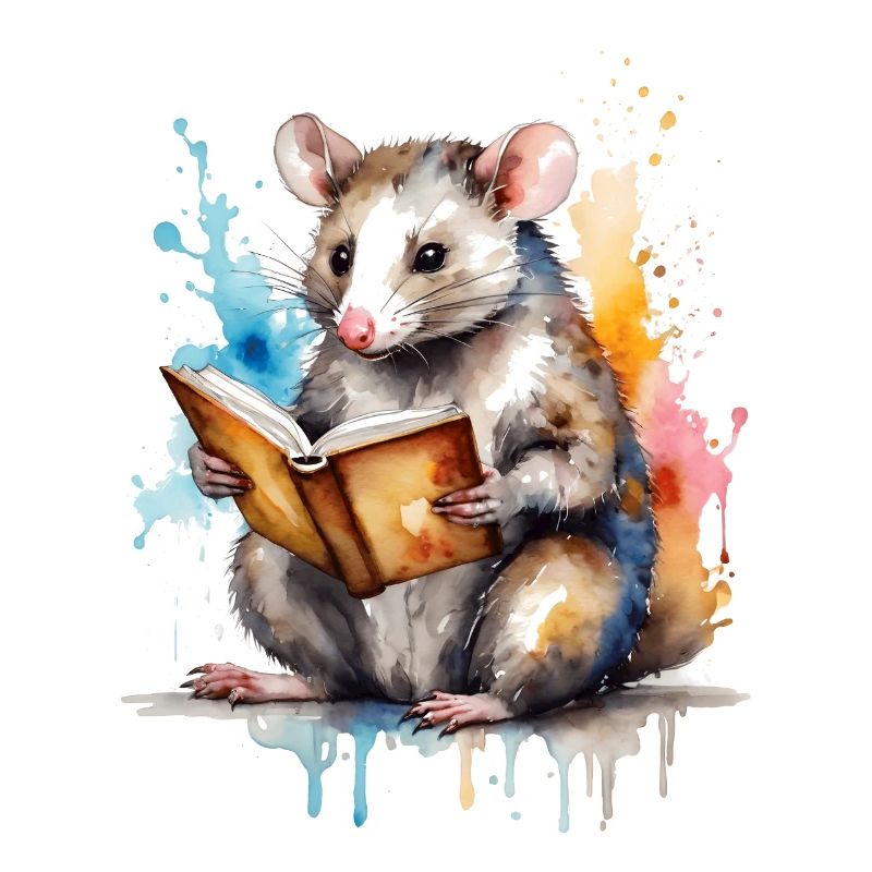 Opossum lisant l’impression colorée de conception animale