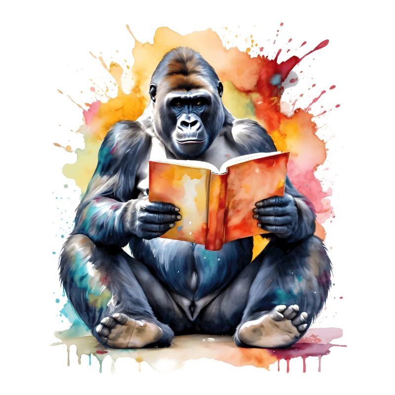 Gorilla Reading Book Monkey Coloré Animal Design Imprimer