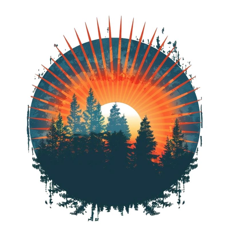 Aventure de silhouette de forêt de coucher de soleil