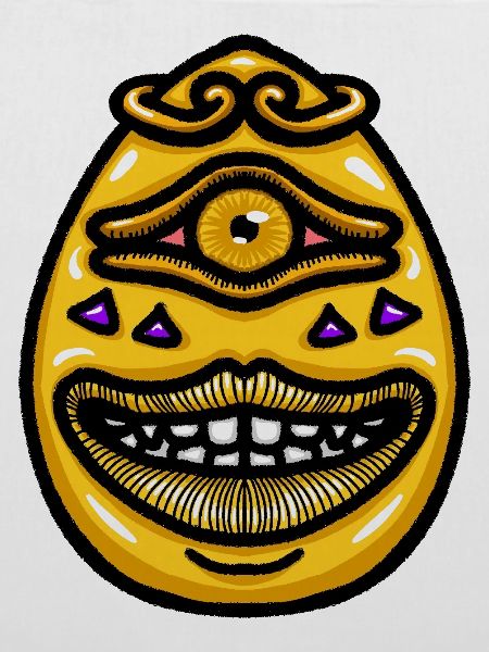 Lächelndes, einäugiges Golden Egg Monster Cartoon-Maskottchen