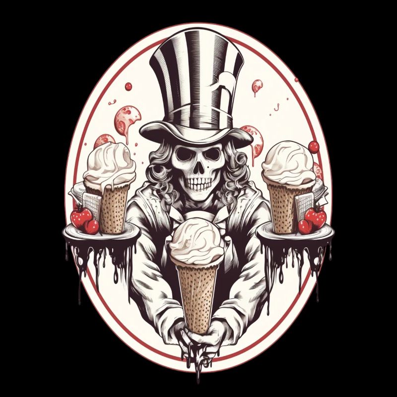 Crâne avec cornet de glace et chapeau haut de forme