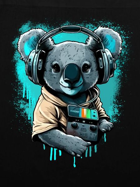 koala mit Kopfhörern und Walkman