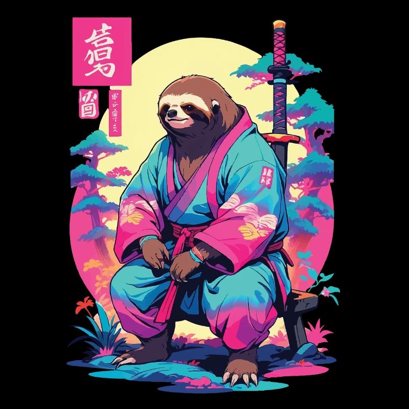 Samurai Sloth in Aesthetic Vaporwave Style