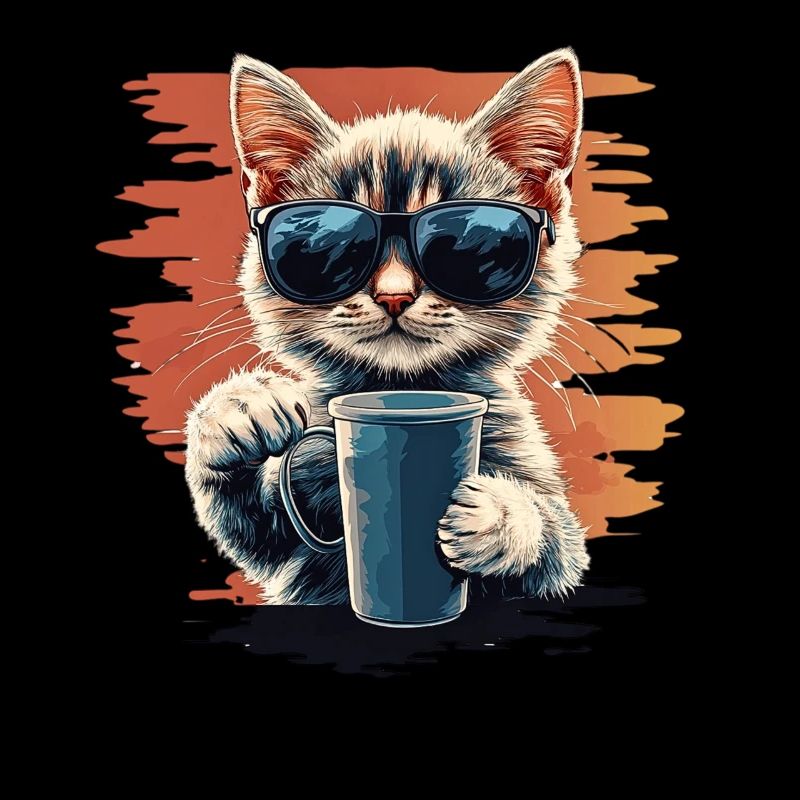 Chat cool avec lunettes de soleil et café