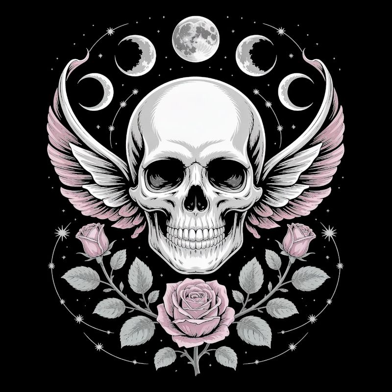 Gothic Totenschädel mit Mondphasen und Rosen Design
