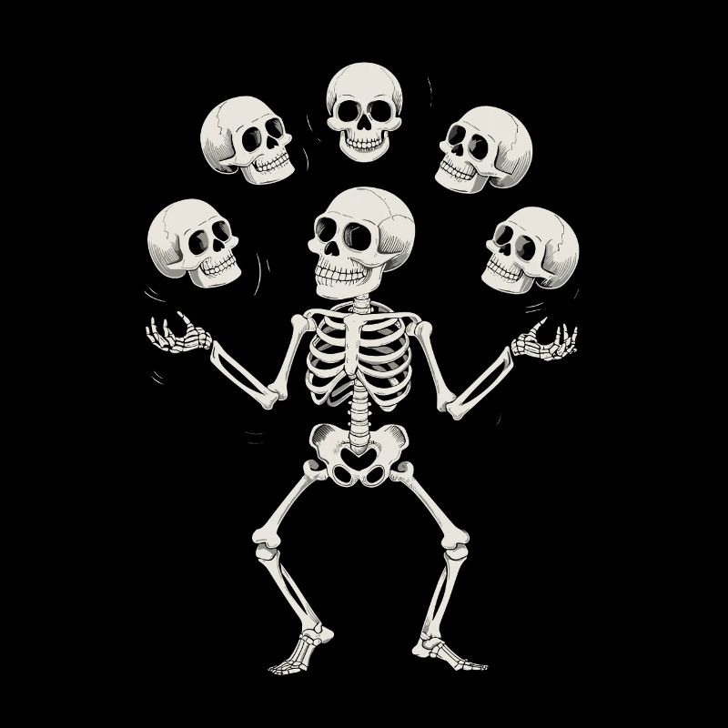 Skeleton juggling with skulls art