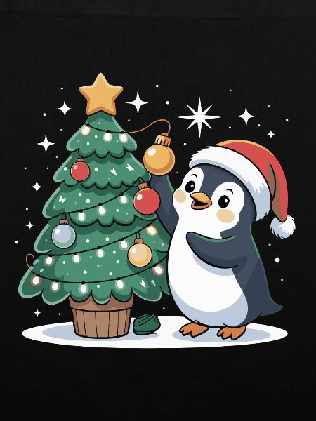Pinguin schmückt Weihnachtsbaum