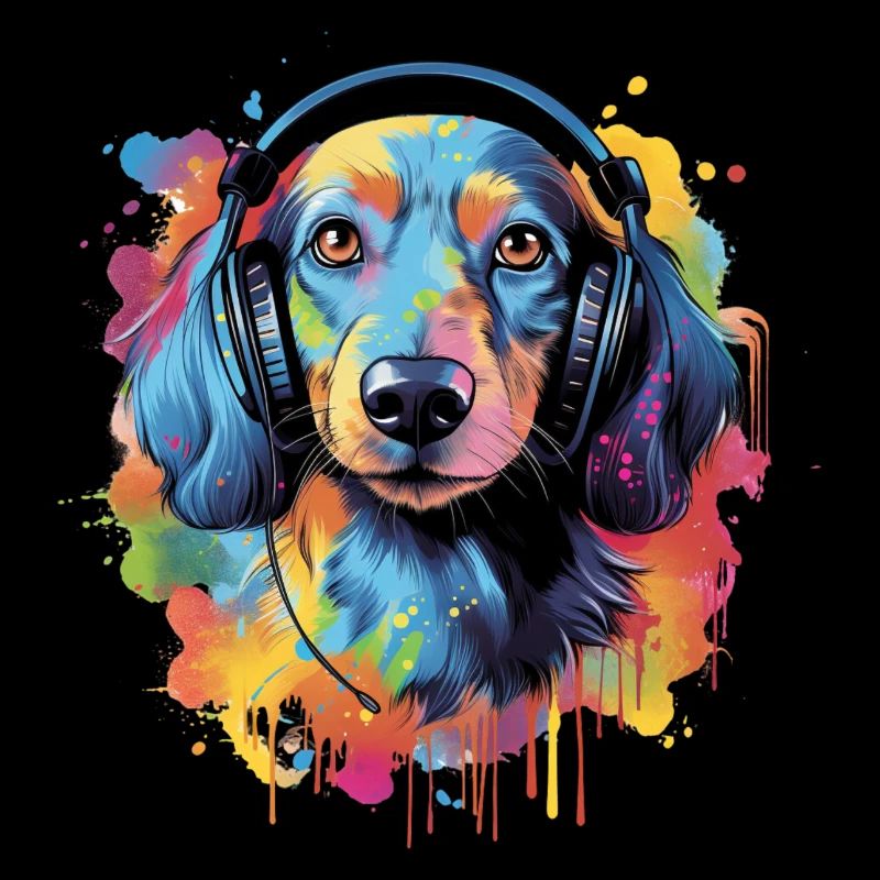 Teckel coloré avec des écouteurs