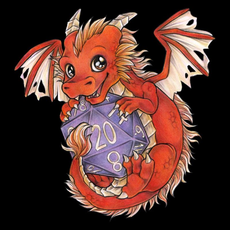 Drache Dragon mit D20 Würfel Dice Rollplay game