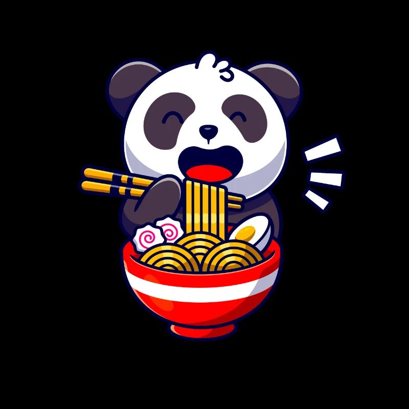Cute panda bear eats ramen noodle soup