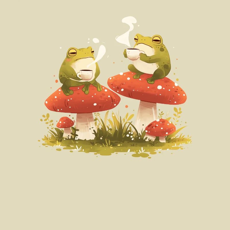 Frogs With Tea Toadstool Mushrooms Cottagecore