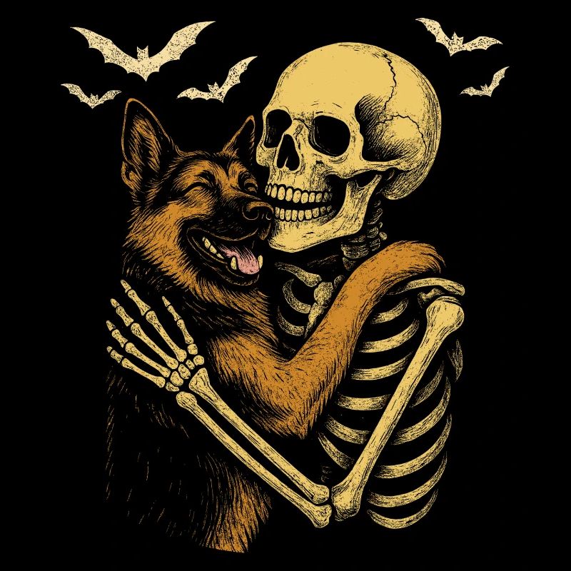 Deutscher Schäferhund umarmt Skelett