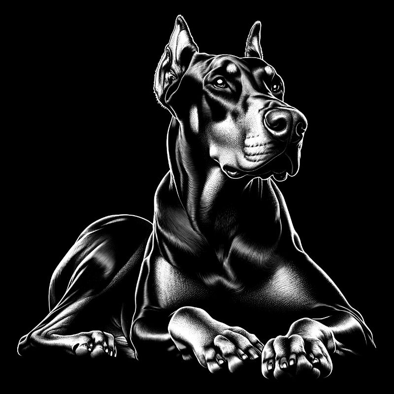 Doberman cool en pose allongée en noir et blanc