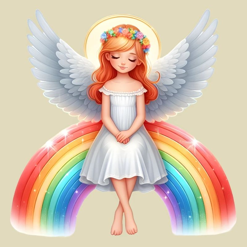 Engel sitzt auf Regenbogen