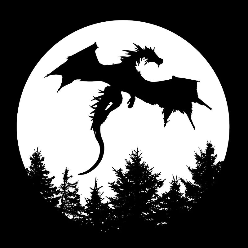Drache vor Mond in einem Wald