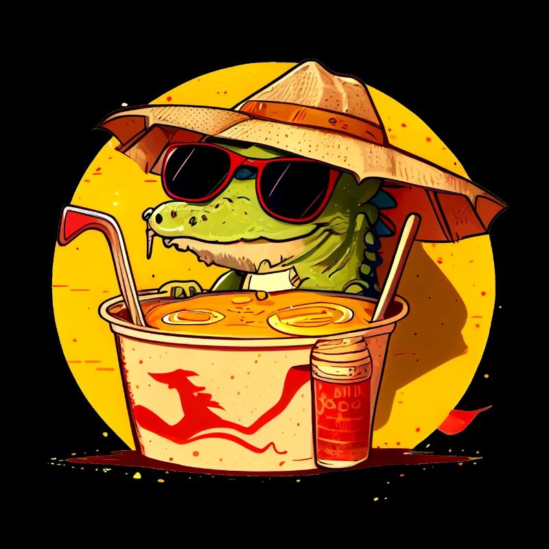 Cool crocodile sits in ramen noodle soup