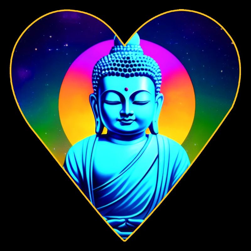Bouddha coloré dans les couleurs des chakras en forme de cœur