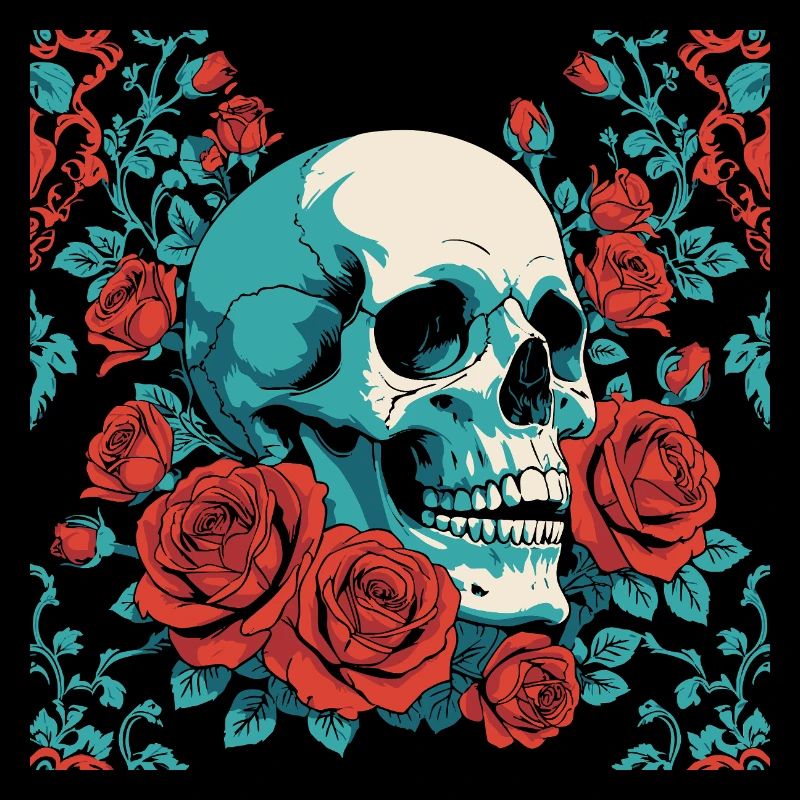 crâne rétro avec motif de roses rouges