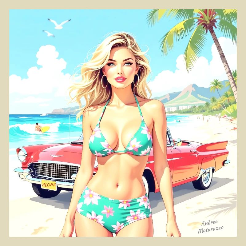 Frau am Strand mit Oldtimer