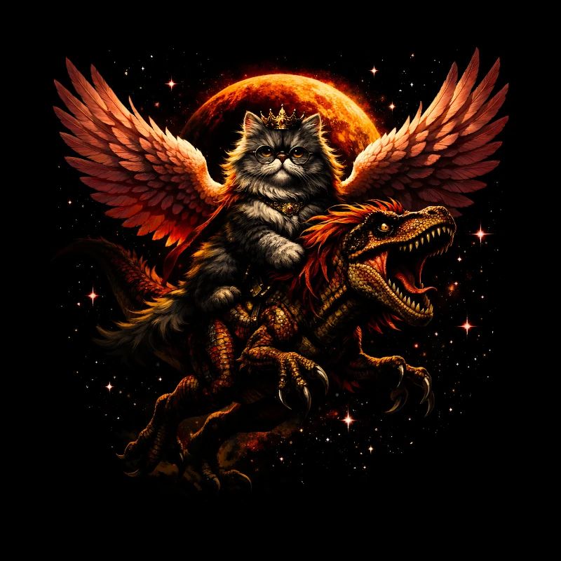Reine des chats sur T-Rex avec des ailes dans l’espace