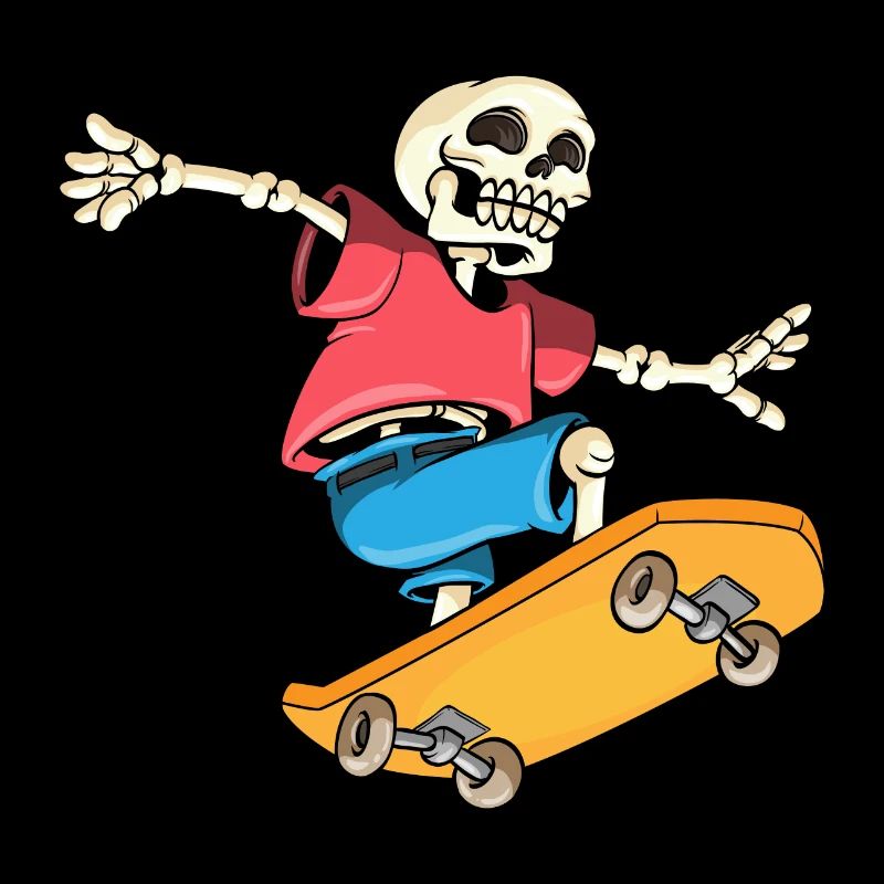 Skelett als Skateboarder mit Skateboard
