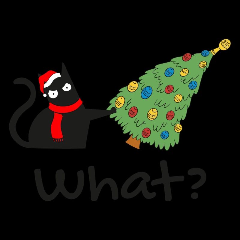 Drôle de chat noir poussant l’arbre de Noël sur le chat